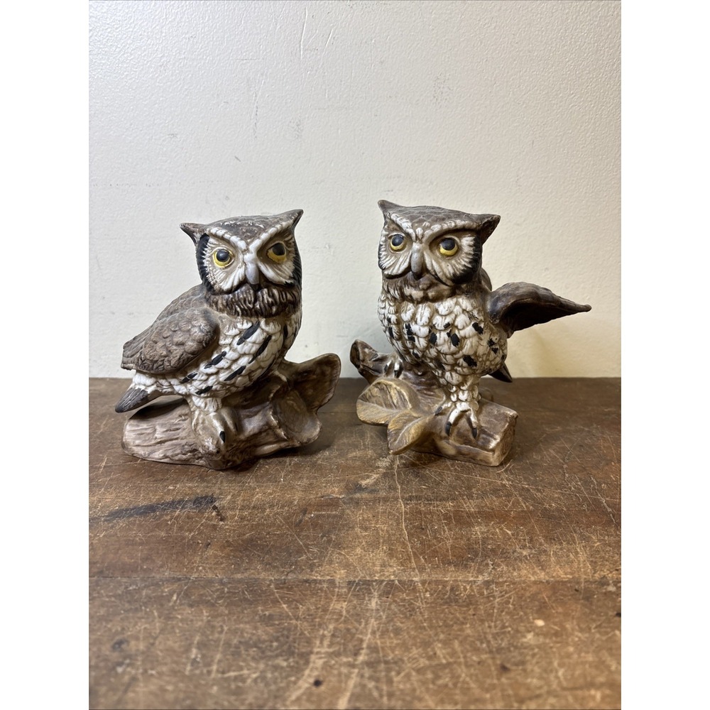 Pair of Vintage Owl Figurines Brown Ceramic Woodland Decor – Pre-Owned